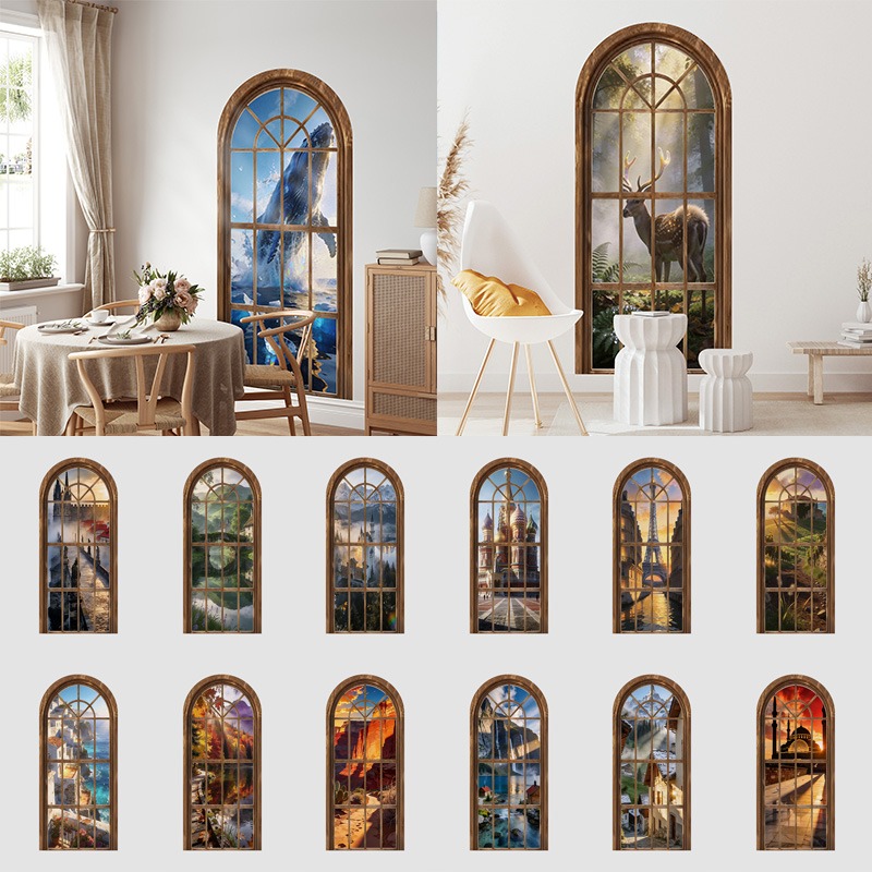 Background Film 3D - 80x180cm 3Dフェイクアーチ窓ウォールステッカー 自己粘着防水ウォールデカール 寝室 リビングルーム バスルーム